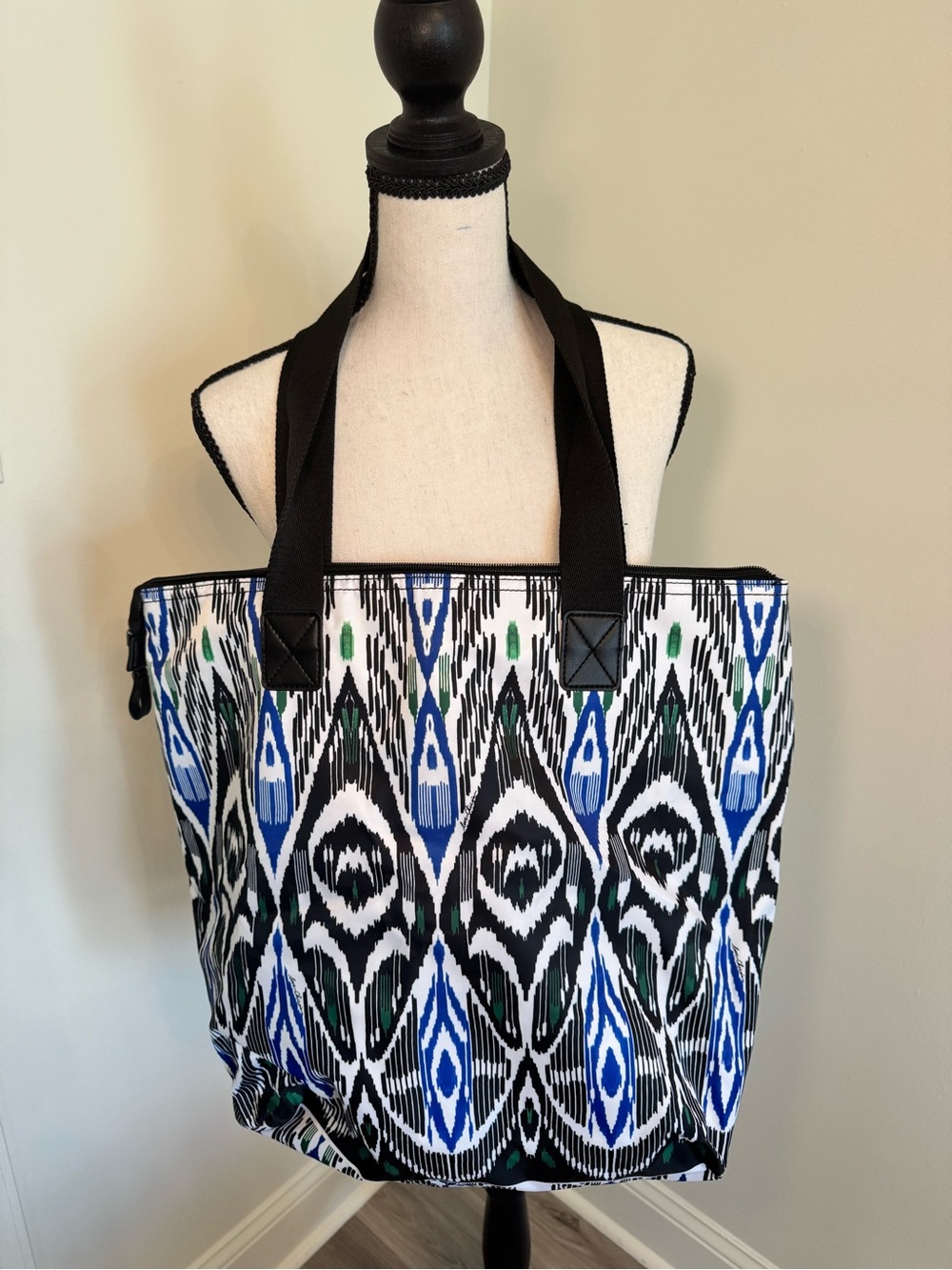 Chico's Black Tote with Blue & Green Ikat Pattern & makeup bag